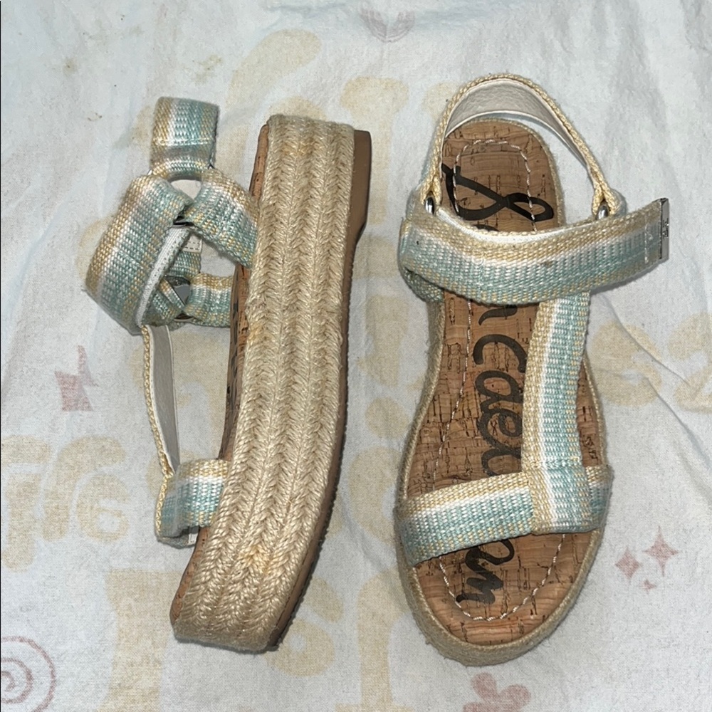 Women’s Sam Eldeman Platform Blue and Tan Espadrilles with Textured Straps